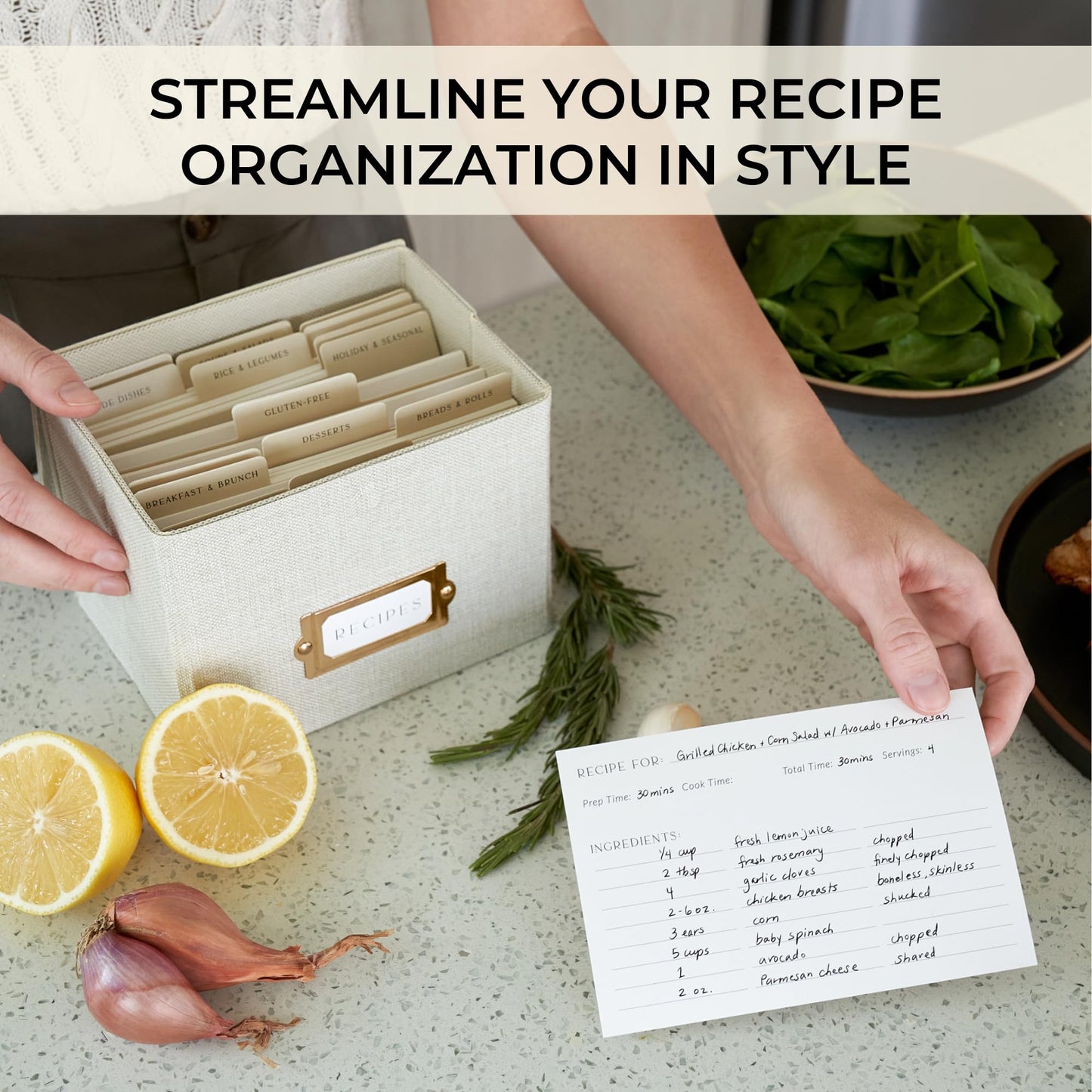 Beautiful Linen Recipe Box Set - Incl. 50x 4x6 inch Recipe Cards and Matching Dividers to Easily Organize Up to 250 Recipes - A Sturdy Card Holder And Great Gift that Perfectly Fits into Any Kitchen