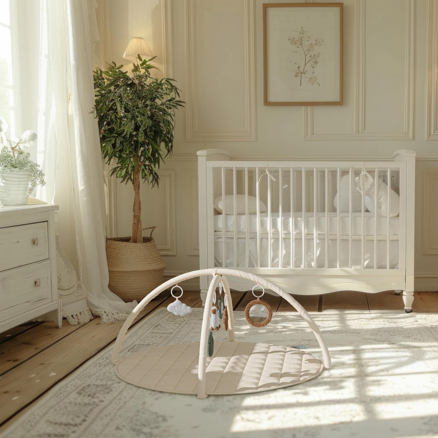 Beautiful Baby Play Gym and Tummy Time Mat - Soft Cotton Mat with 6 Cute Toys Creates The Perfect Activity Area for Your Girl/Boy - Stylish Infant Floor Playmat Fits Nicely with Any Playroom Decor