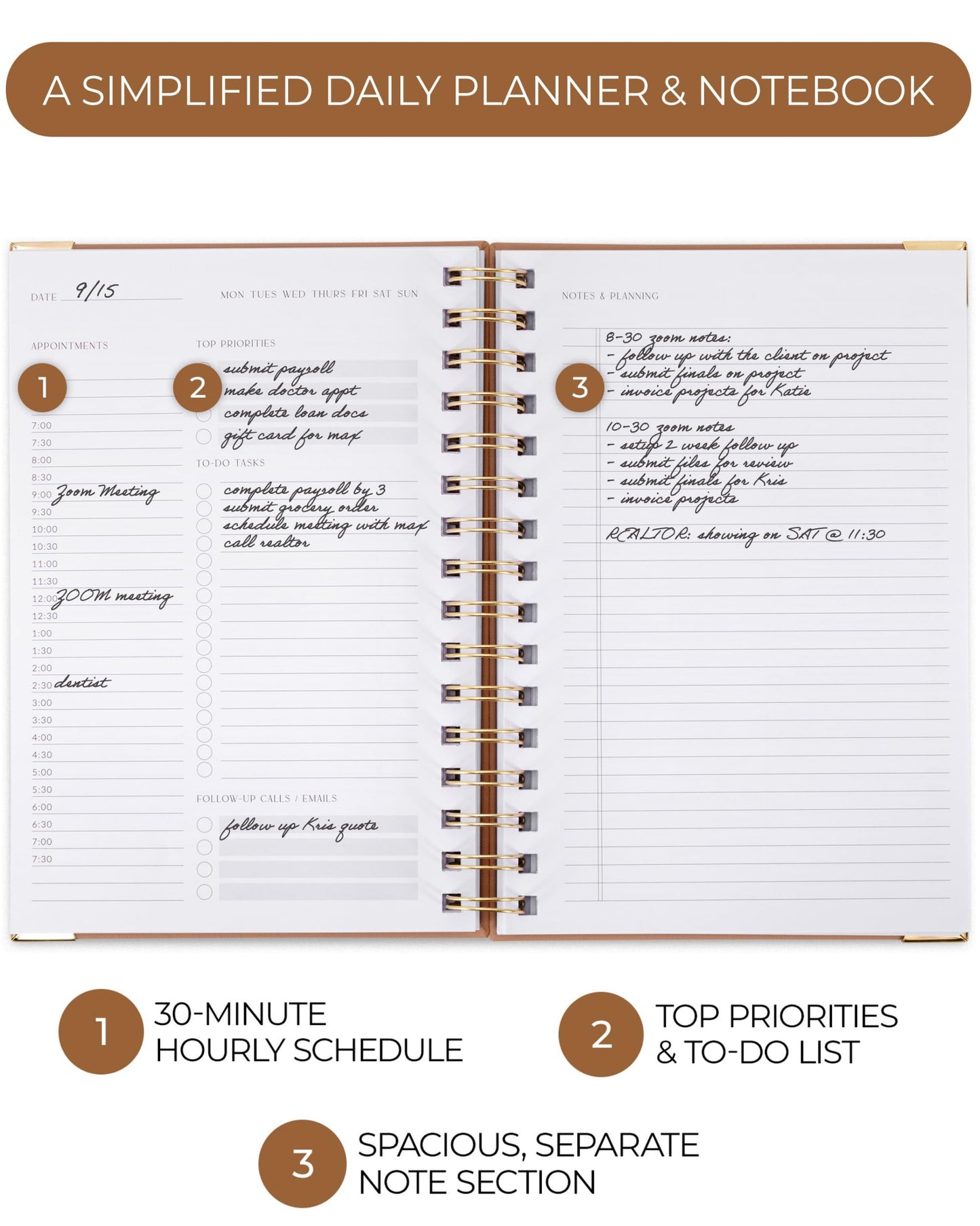 ZICOTO Aesthetic Daily Planner And Notebook With Hourly Schedule - Aesthetic Spiral To do List Notepad For Work/Home to Organize Tasks And Appointments - Stylish School/Office Supplies Book For Women