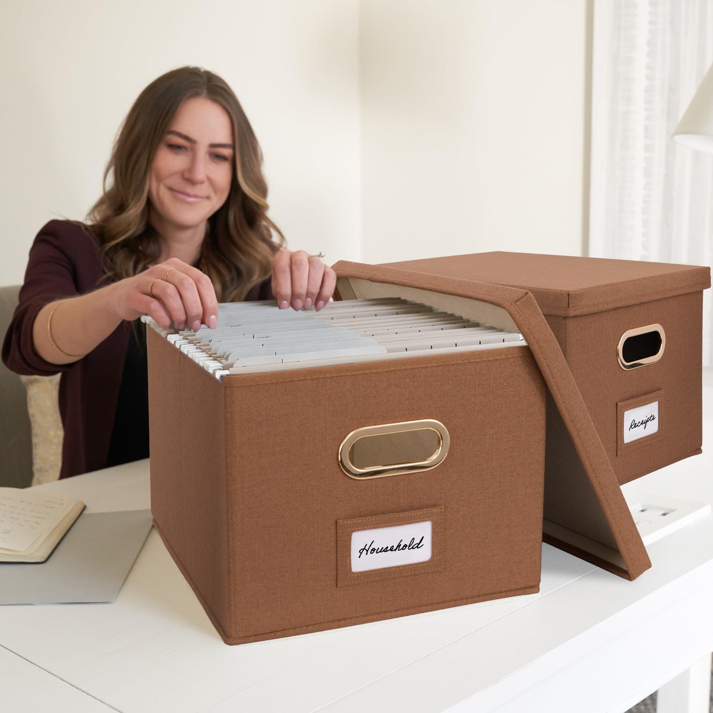ZICOTO Decorative File Organizer Box Set of 2 - Collapsible Linen Filing Cabinets w/Handles Are Perfect to Store all Your Documents & Hanging File Folders - Portable Easy Slide Crates with Lid