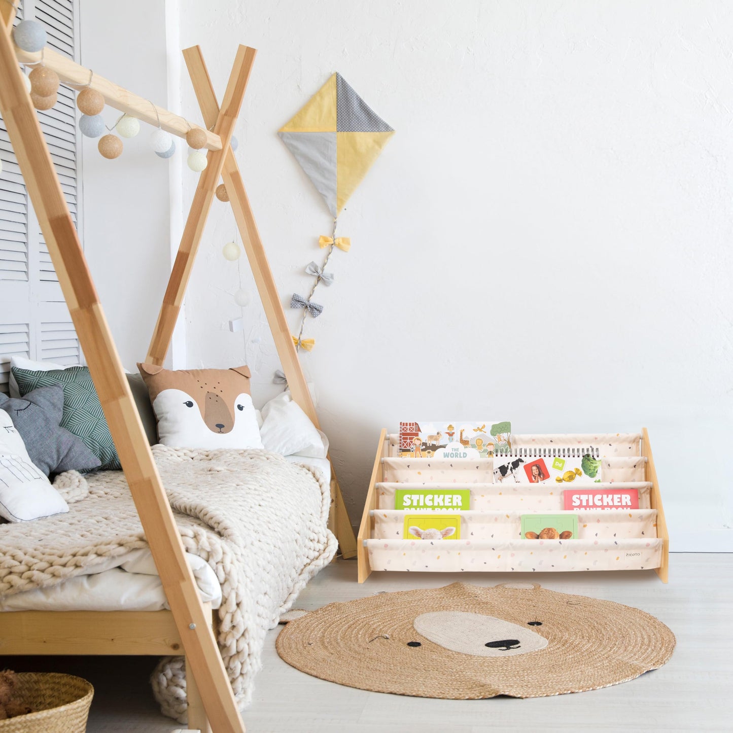 ZICOTO Decorative Wooden Bookshelf for Kids Rooms - Keeps Plenty of Books Neatly Organized & Within Reach for Toddlers - Easy Install Montessori Book Shelf for Baby's Bedroom or Playroom Decor