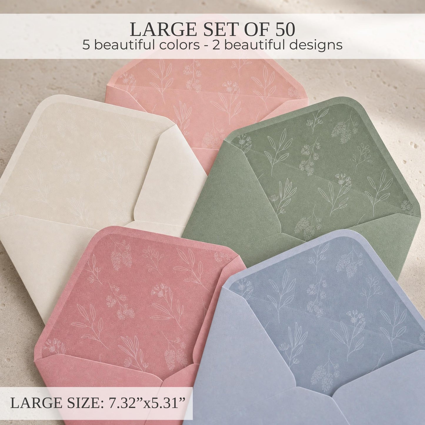 Elegant Set of 50 Invitation Envelopes 5x7 - Beautiful Self-Sealing A7 Premium Envelopes in 5 Colors Incl. Sage Green - The Perfect Set for Weddings, Bridal Shower, Engagement and Anniversary Cards