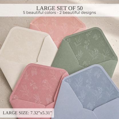 Elegant Set of 50 Invitation Envelopes 5x7 - Beautiful Self-Sealing A7 Premium Envelopes in 5 Colors Incl. Sage Green - The Perfect Set for Weddings, Bridal Shower, Engagement and Anniversary Cards