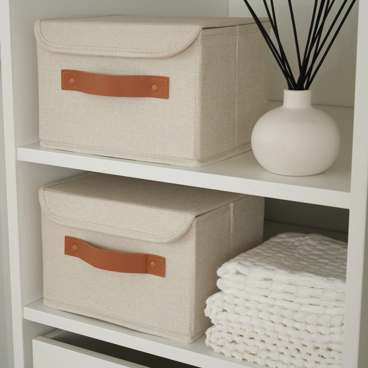 ZICOTO Beautiful Storage Bin with Lid – Foldable Cotton-Linen Fabric Box with PU Leather Handles, Decorative Closet Organizer Cube Reinforced with PP Board