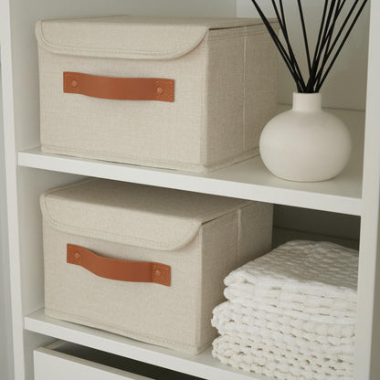 ZICOTO Beautiful Storage Bin with Lid – Foldable Cotton-Linen Fabric Box with PU Leather Handles, Decorative Closet Organizer Cube Reinforced with PP Board