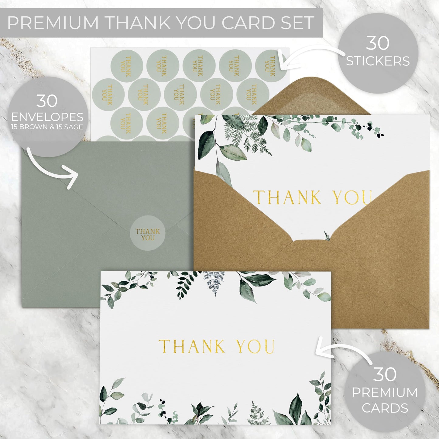 ZICOTO Beautiful Thank You Card Set - 30 Elegant Blank Cards with Envelopes & Stickers - Ideal for Weddings, Business, Baby Showers & More - Premium Bulk Stationery for All Occasions