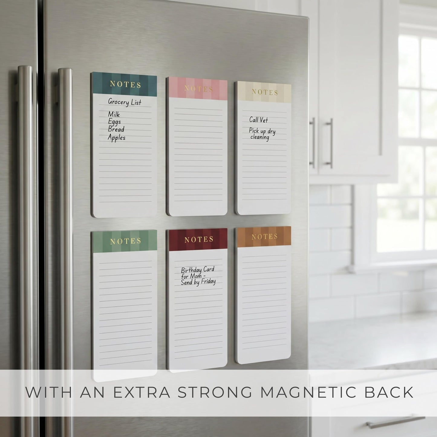 Beautiful Magnetic Notepads for Fridge - Set Of 6 Modern Note Pads with Lined Pages to Easily Write Notes & Make Grocery/Shopping Lists - Cute To Do List Pad w/ Strong Magnets for Your Refrigerator