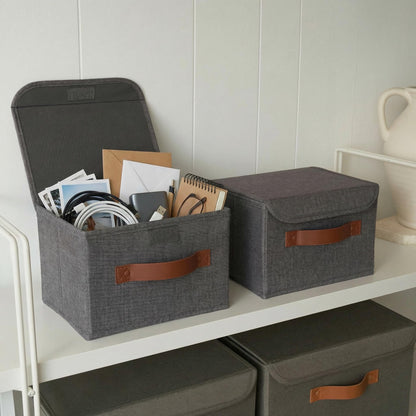 ZICOTO Beautiful Storage Bin with Lid – Foldable Cotton-Linen Fabric Box with PU Leather Handles, Decorative Closet Organizer Cube Reinforced with PP Board