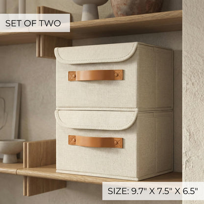 ZICOTO Beautiful Storage Bin with Lid – Foldable Cotton-Linen Fabric Box with PU Leather Handles, Decorative Closet Organizer Cube Reinforced with PP Board