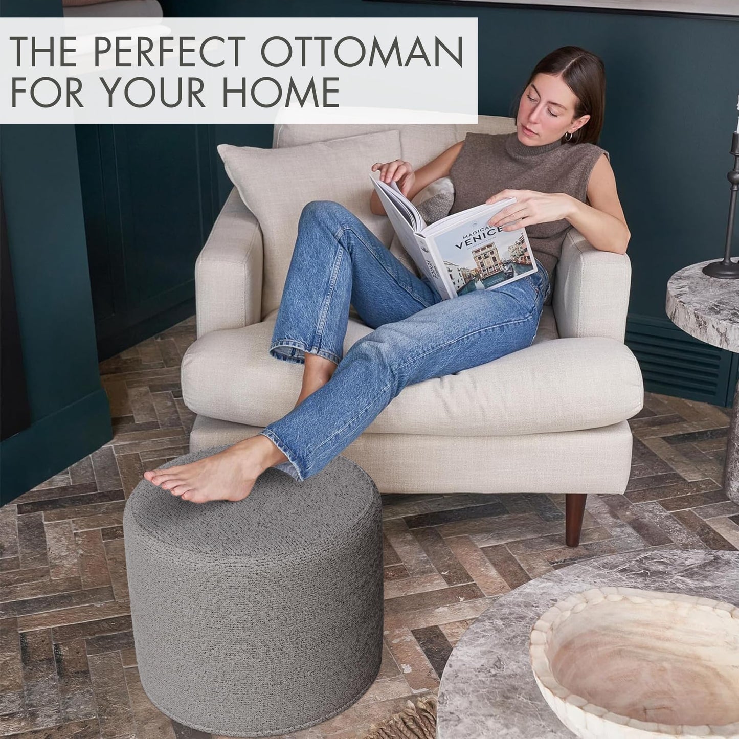 ZICOTO Beautiful Boucle Pouf Ottoman and Foot Rest - Elevate Your Living Room Decor with Lightweight Comfort and Charm - A Round Modern Foam Filled Foot Stool Perfect to Rest Your Feet