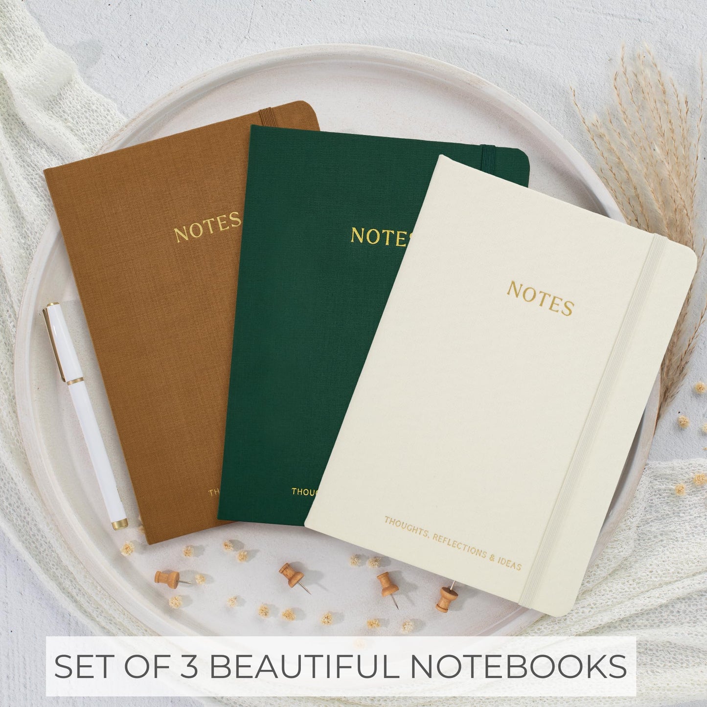 ZICOTO Aesthetic Journal Set Of 3 - Premium Linen Cover, College Ruled 8x5.7 Notebooks With Large Pockets - Ideal For Staying Organized At Work Or School