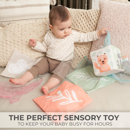 Fun Baby Tissue Box with Stimulating Mirror For Endless Entertainment - Soft Montessori Toy w/ Crinkle Paper & Fabric Tissues - The Perfect Sensory Toy For Newborn/Infant Development From 6-12+ Months