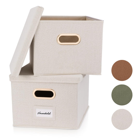 ZICOTO Decorative File Organizer Box Set of 2 - Collapsible Linen Filing Cabinets w/Handles Are Perfect to Store all Your Documents & Hanging File Folders - Portable Easy Slide Crates with Lid