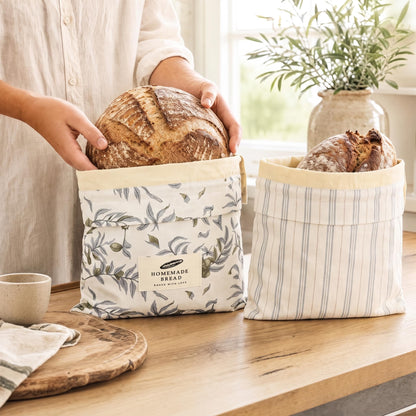ZICOTO Charming Bread Bags for Homemade Bread - Set of 2 Beeswax-Lined Reusable Linen Bags That Keep Your Sourdough Fresh Naturally - A Thoughtful Bread Storage Gift for Bread Making Lovers
