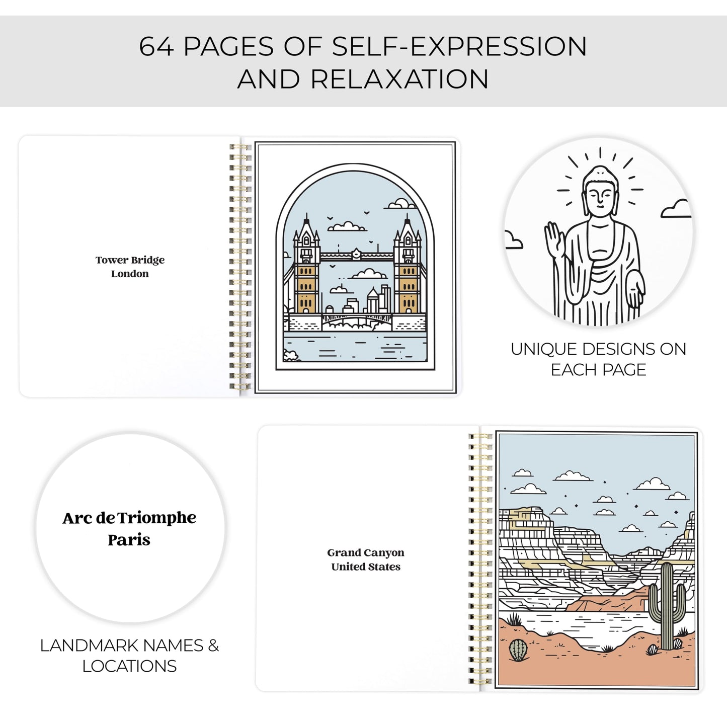 Beautiful Adult Coloring Book Set of 2 for Relaxation - Inspirational Adventures and Sightseeing Spots for The Spirit of Wanderlust - Perfect Stress-Relieving Gift for Women