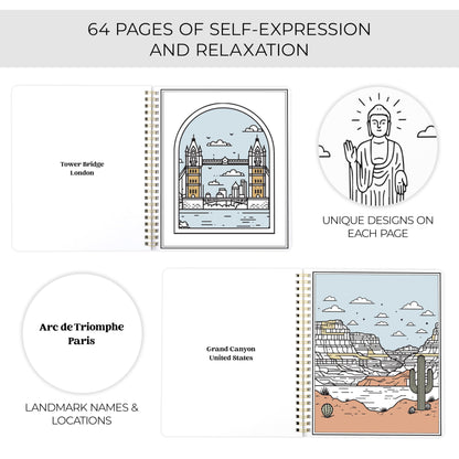 Beautiful Adult Coloring Book Set of 2 for Relaxation - Inspirational Adventures and Sightseeing Spots for The Spirit of Wanderlust - Perfect Stress-Relieving Gift for Women