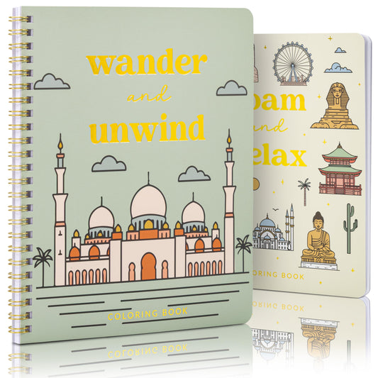 Beautiful Adult Coloring Book Set of 2 for Relaxation - Inspirational Adventures and Sightseeing Spots for The Spirit of Wanderlust - Perfect Stress-Relieving Gift for Women