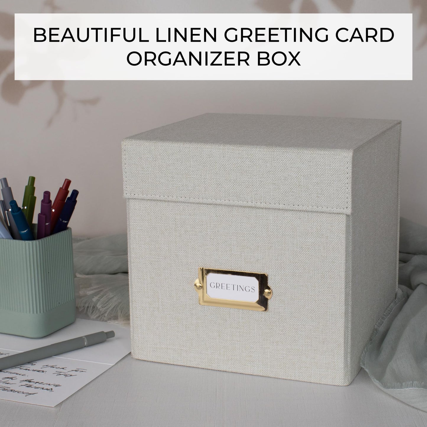 ZICOTO Beautiful Greeting Card Organizer Box With Dividers - Sturdy Linen Storage Box Easily Organizes All Your Greeting Cards in Style - Cute Card Holder Safely Stores Up to 300 Small Or Large Cards
