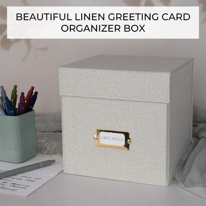 ZICOTO Beautiful Greeting Card Organizer Box With Dividers - Sturdy Linen Storage Box Easily Organizes All Your Greeting Cards in Style - Cute Card Holder Safely Stores Up to 300 Small Or Large Cards