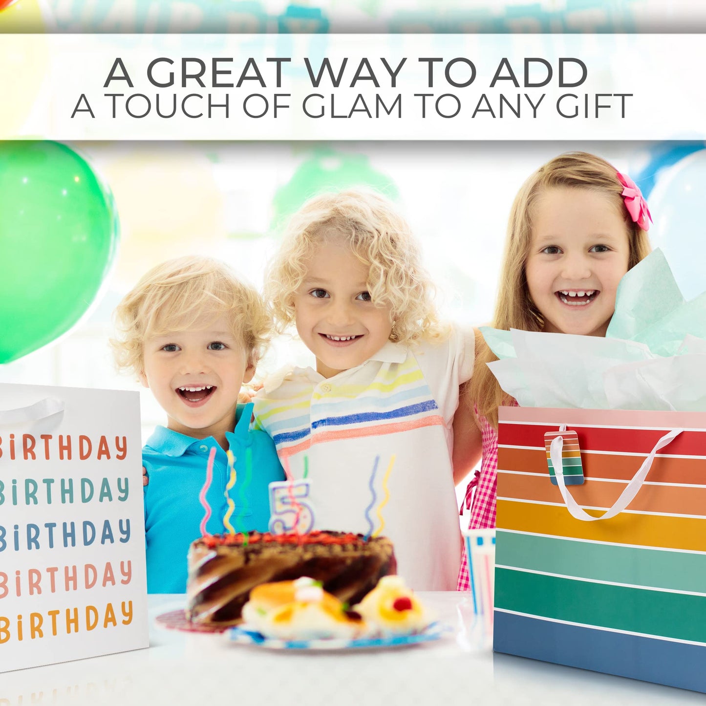 ZICOTO Beautiful Birthday Gift Bags Set of 2 - Large 16" Bags with Handles incl. Matching Tissue Paper, Cards & Stickers - Reusable and Perfect For Kids Presens