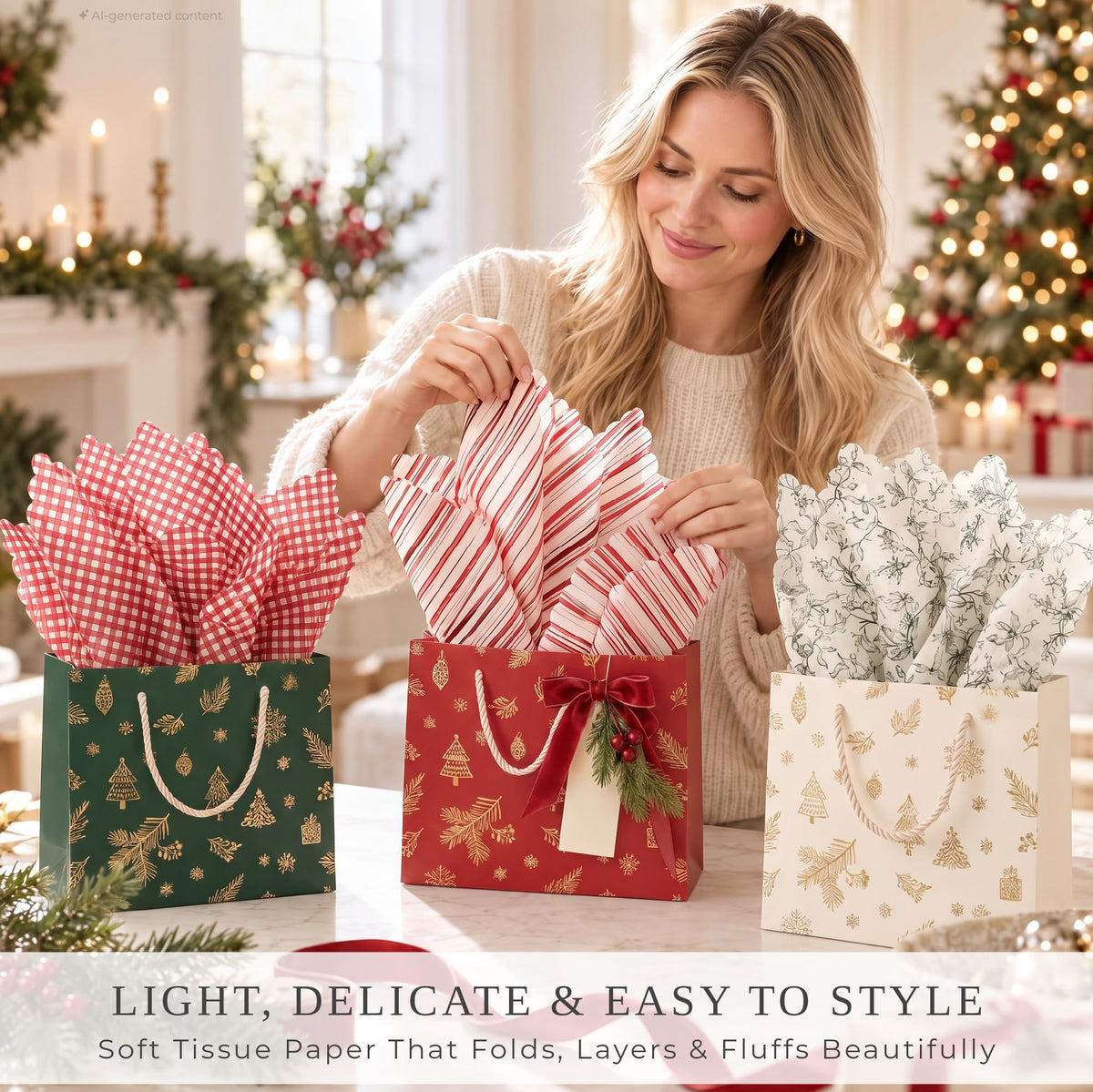 Beautiful Christmas Tissue Wrapping Paper Sheets for Gift Bags - Set of 100