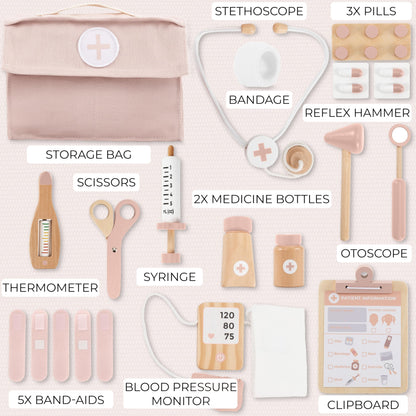 Wooden Doctor Play Set for Toddlers - A Complete Durable Pretend Play Medical Kit for Kids 3-5 with Realistic, Non-Toxic Tools & Carrying Case