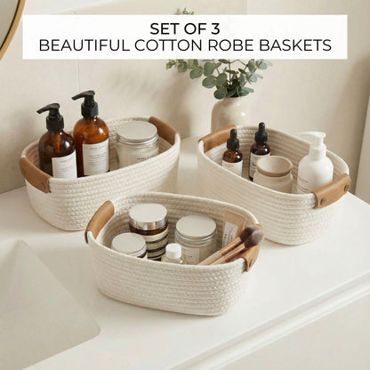 Beautiful Storage Basket Set of 3 - Sturdy Cotton Rope Baskets for Shelves Are Perfect for Organizing Your Home - Quality Storage Bins Easily Fit With Any Nursery or Bedroom Decor