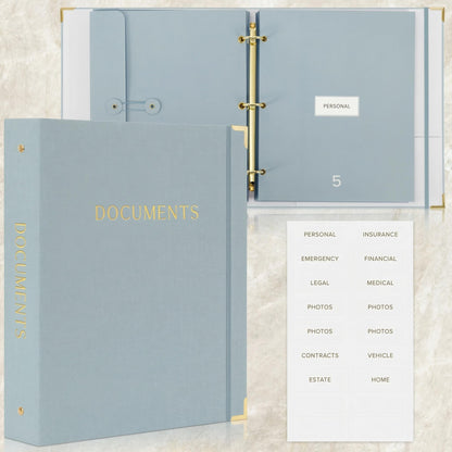 Aesthetic Document Organizer Folio - Linen Cover Life and Family Emergency Binder - Perfect Files Organizer for Your Important Documents, Birth Certificates, Passports, Social Security Cards, Photo