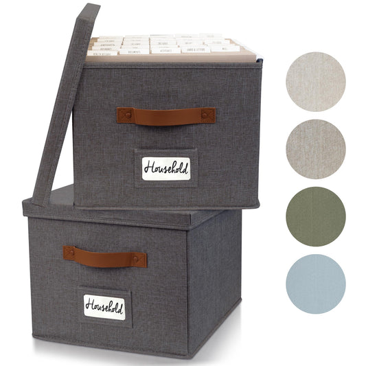 ZICOTO Decorative File Organizer Box Set of 2 - Collapsible Linen Filing Cabinets w/Handles Are Perfect to Store all Your Documents & Hanging File Folders - Portable Easy Slide Crates with Lid