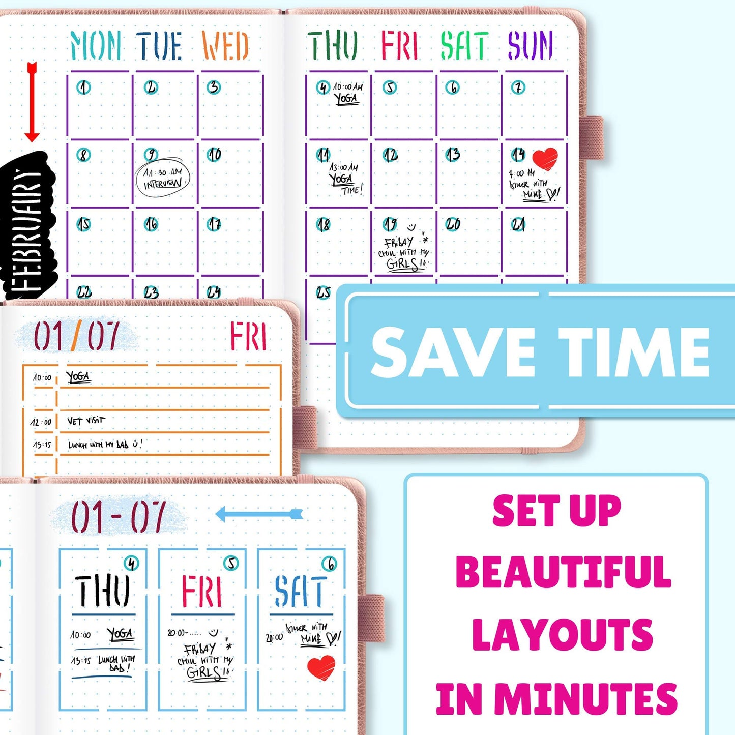 Easy to Use Stencil Set for Dotted Journals - Time Saving Planner Accessories/Supplies Kit Makes Creating Layouts Easy - Incl. Bullet Point Checklists, Daily/Weekly/Monthly Calendars