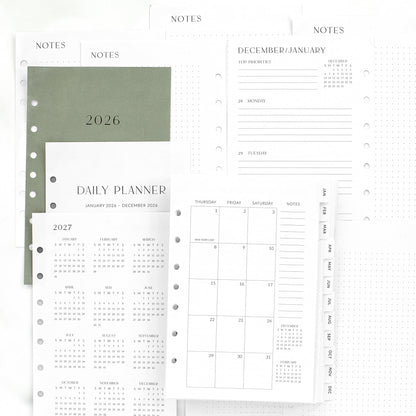 Minimalistic Daily Planner Inserts - 6-Hole Punched 2025-2026 Planner Refills for Ring Binder - Small Planner Binder Inserts With Cover and Tabs from January 2026 until December 2026