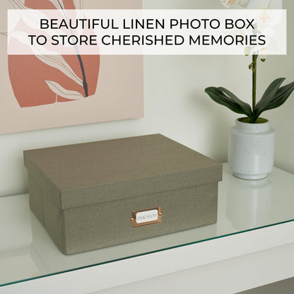 Decorative Photo Storage Box - Sturdy Linen Photo Organizer with Dividers - Stores Up to 850 4x6 Photos - Portable Scrapbook Storage Container with Lid