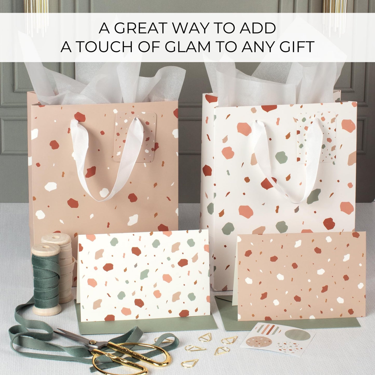 Beautiful Gift Bags Set of 4 - Medium Sized 9" Bags with Handles incl. Matching Tissue Paper, Cards & Small Stickers - Reusable & For Presents of Any Birthday, Weddings, Mothers Day & Other Occasion