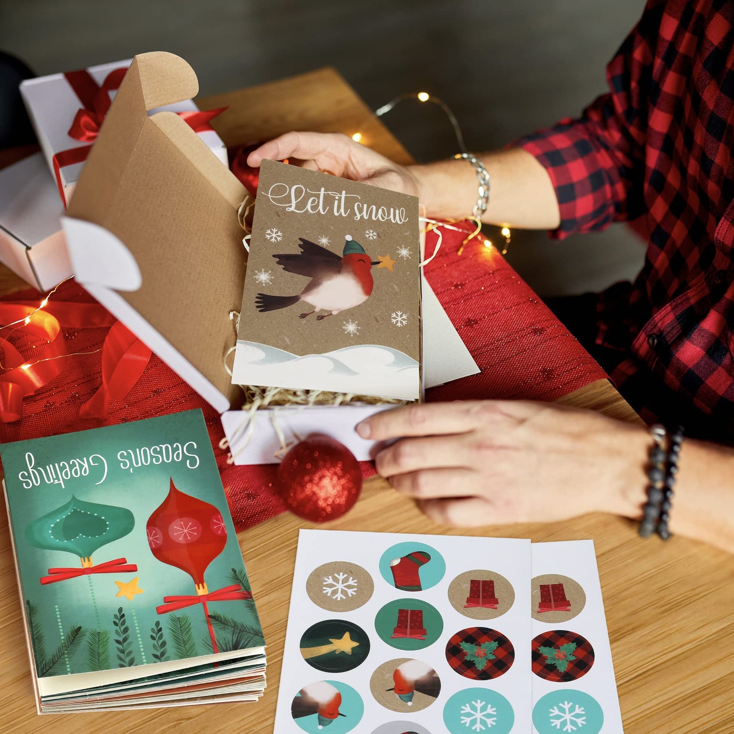 ZICOTO Beautiful Christmas Cards Set of 24 - Incl. Bulk Envelopes, Matching Stickers And Storage Box - Perfect to Send Warm Holiday Wishes to Friends and Family