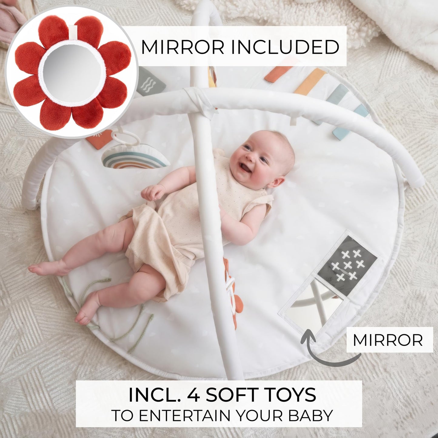 Beautiful Baby Play Gym and Tummy Time Mat - Soft Cotton Mat with 4 Cute Toys & Cards Creates The Perfect Activity Area for Your Girl/Boy - Stylish Infant Floor Playmat for Any Playroom Decor