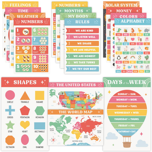 Fun Educational Posters for Toddlers 1-3 - Set of 16 Easy to Read Learning Posters for Classroom & Homeschool Decor - Essential Preschool/Kindergarten Kids Room Wall Charts incl. ABC & Number Chart