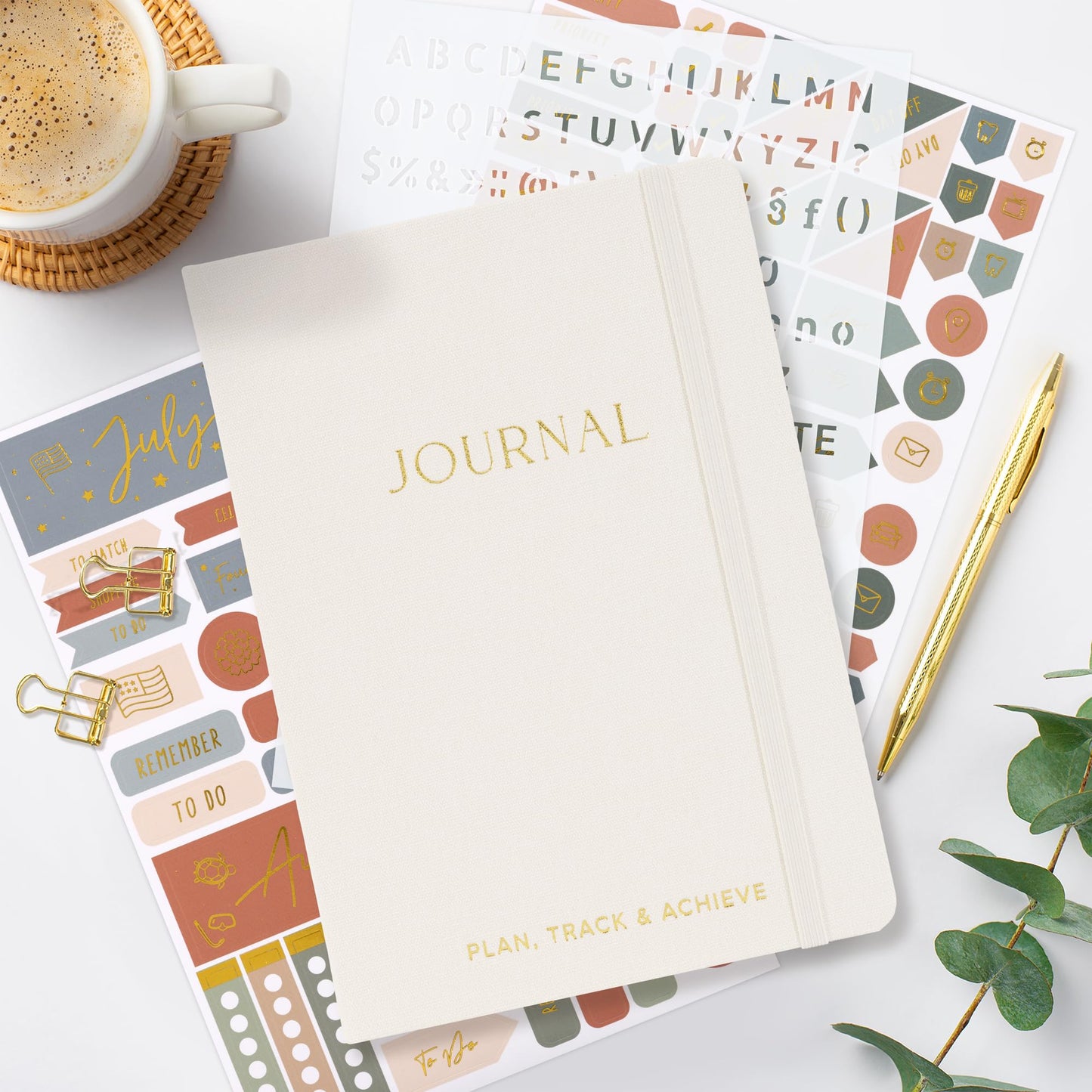 ZICOTO Ultimate All-in-One Journaling Kit - Incl. Journal Notebook With Linen Hardcover and Dotted Pages, Stencils, Stickers, Washi Tapes, Paper Clips and More Bullet Checklist Supplies