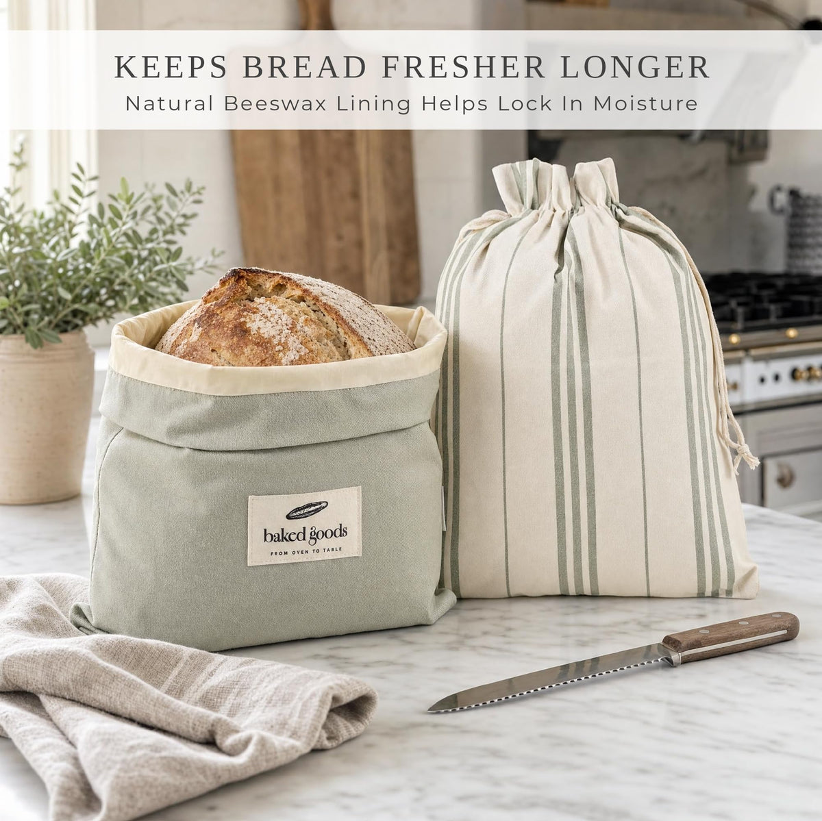 ZICOTO Charming Bread Bags for Homemade Bread - Set of 2 Beeswax-Lined Reusable Linen Bags That Keep Your Sourdough Fresh Naturally - A Thoughtful Bread Storage Gift for Bread Making Lovers
