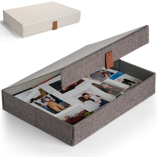 ZICOTO Decorative Photo Storage Box with Lid - A Beautiful Linen Organizer Perfect to Safely Store Your Pictures, Documents, Scrapbooking Supplies, Keepsakes and Other Memories in Style