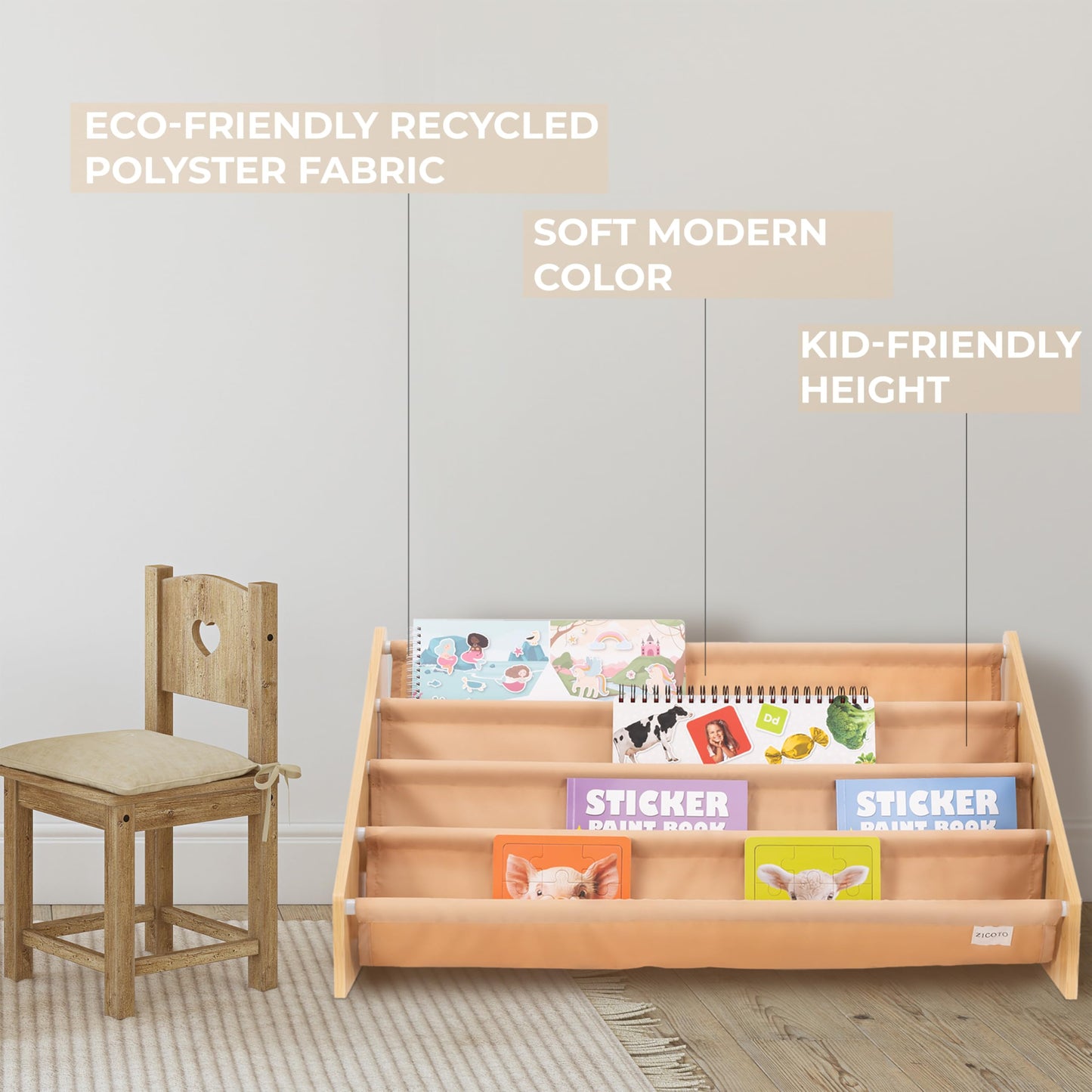 ZICOTO Decorative Bookshelf for Kids - Beautiful Shelf to Display All Books of Your Little One - The Perfect Nursery Organizer for Your Baby Girl or Boy's Montessori Bedroom or Toddler Play Room Decor