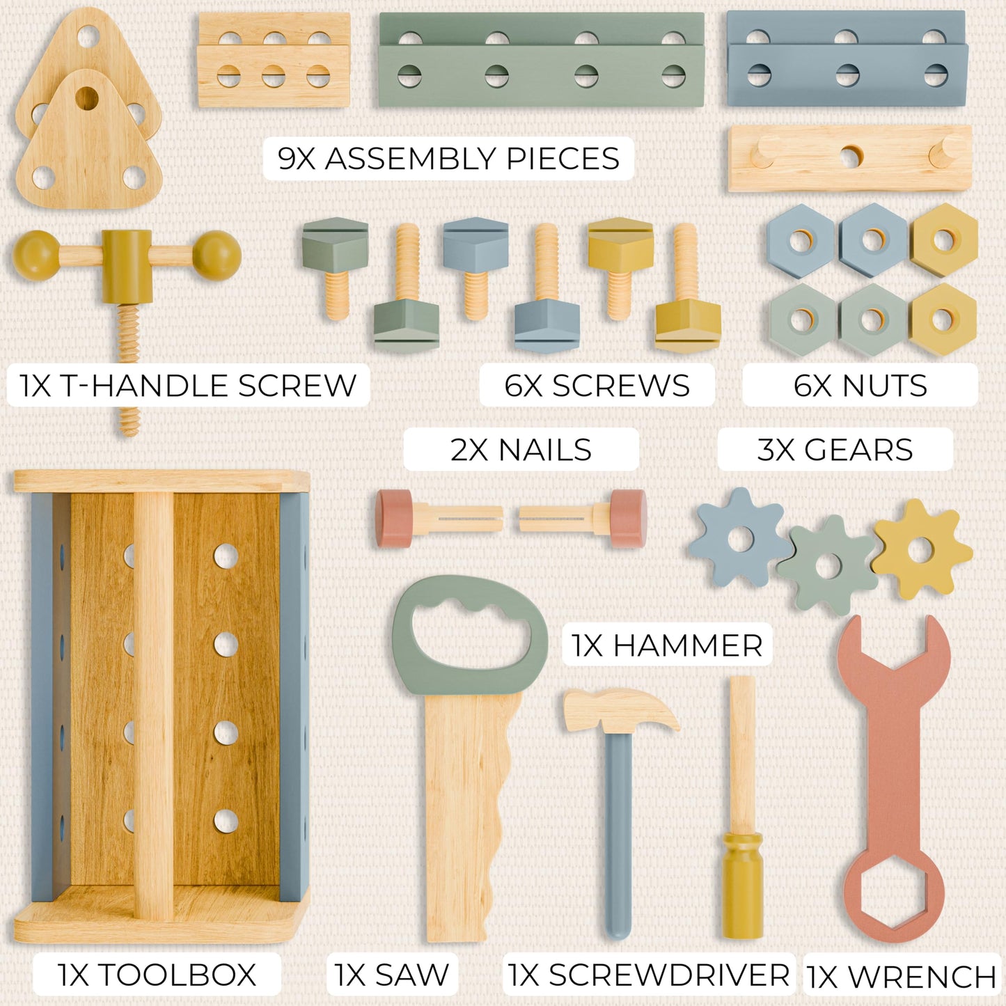 Stylish Wooden Tool Set for Toddlers - Durable Montessori Tool Box Kit with Hammer for Boys & Girls 2-5 Years - Fun Christmas Toy Gift for Kids with 30+ Safe Tools for Creative Play