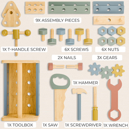 Stylish Wooden Tool Set for Toddlers - Durable Montessori Tool Box Kit with Hammer for Boys & Girls 2-5 Years - Fun Christmas Toy Gift for Kids with 30+ Safe Tools for Creative Play