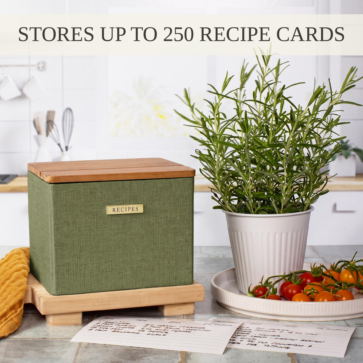 Beautiful Recipe Box with Wooden Lid - Incl. 50x 4x6" Recipe Cards and Matching Dividers to Easily Organize Up to 250 Recipes - A Sturdy Card Holder And Great Gift that Perfectly Fits into Any Kitchen