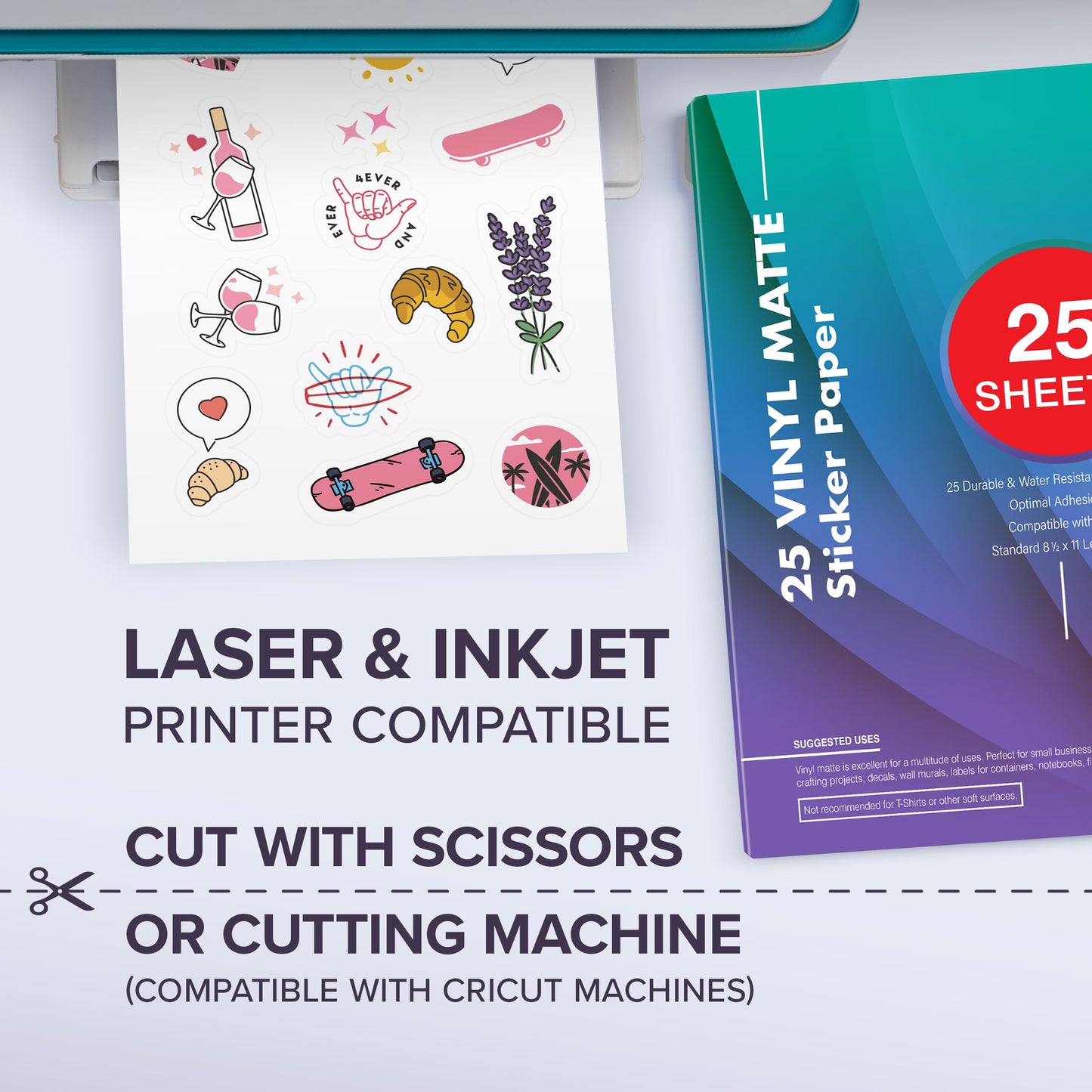 Premium Printable Vinyl Sticker Paper for Your Inkjet and Laser Printer - 25 Matte White Waterproof Decal Paper Sheets - Dries Quickly and Holds Ink Beautifully - Accessories Set for Cricut