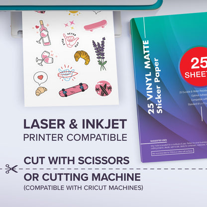Premium Printable Vinyl Sticker Paper for Your Inkjet and Laser Printer - 25 Matte White Waterproof Decal Paper Sheets - Dries Quickly and Holds Ink Beautifully - Accessories Set for Cricut