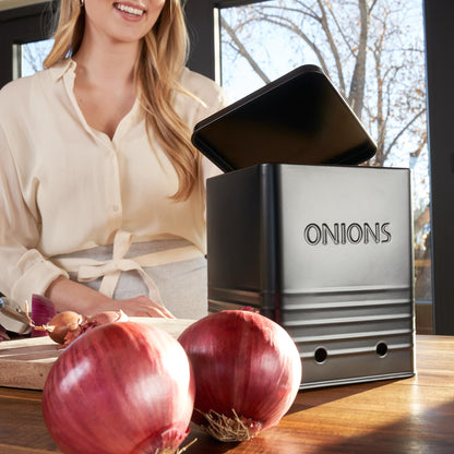 Beautiful Potato and Onion Storage Container Set - Perfectly Sized Spacious Canisters For Your Kitchen Counter Or Pantry - Quality Food Safe Metal Bins Keep Your Produce/Vegetables Fresh Longer