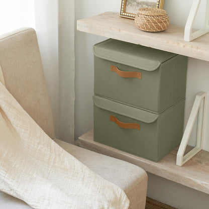 ZICOTO Beautiful Storage Bin with Lid – Foldable Cotton-Linen Fabric Box with PU Leather Handles, Decorative Closet Organizer Cube Reinforced with PP Board