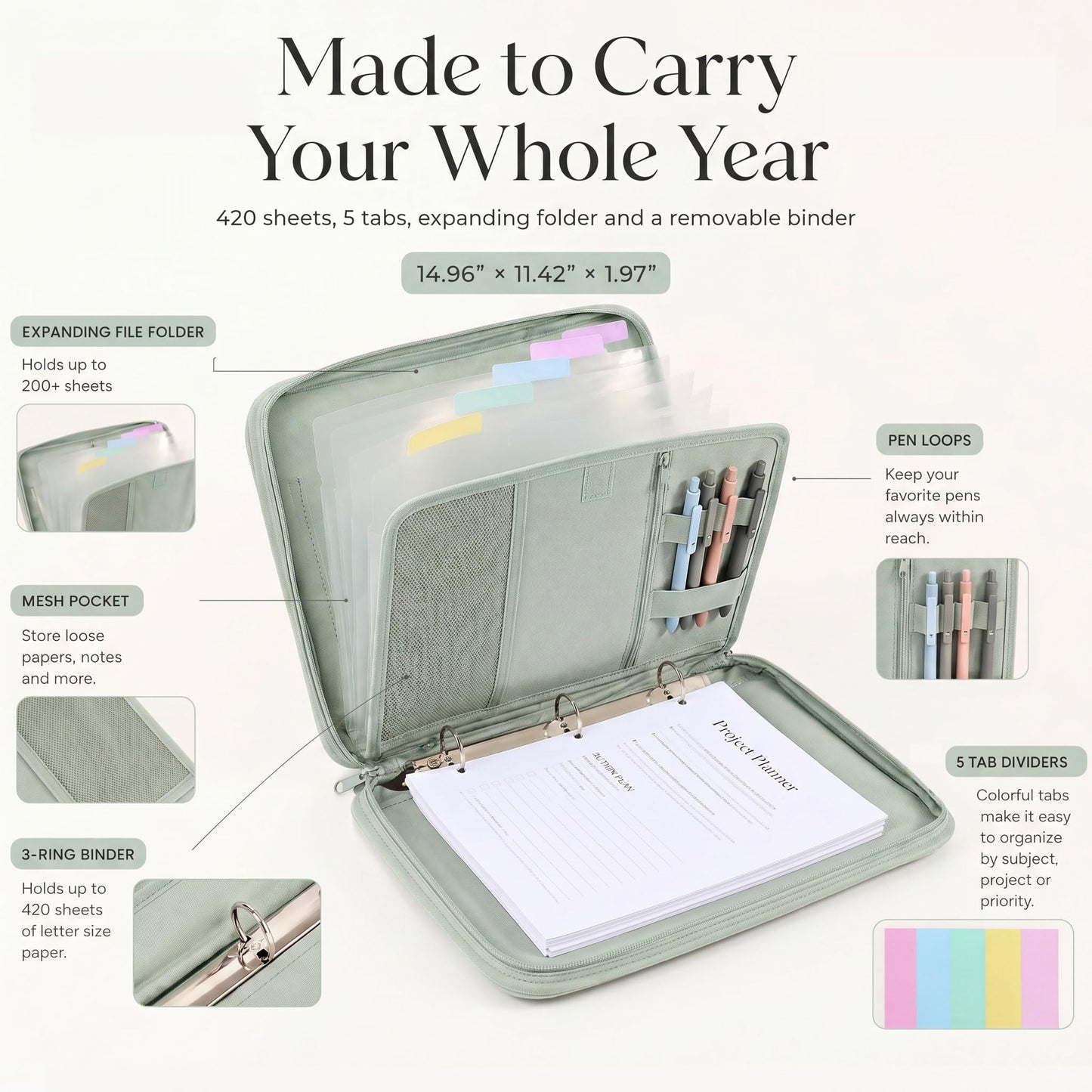 Sturdy 3 Ring Zipper Binder with Strap for School - Beautiful 1 Inch Zip Up Binder with 5-Tab Dividers Holds 420 Sheets, Books & Laptop - Easy to Carry Trapper Keeper Made of Premium Fabrics