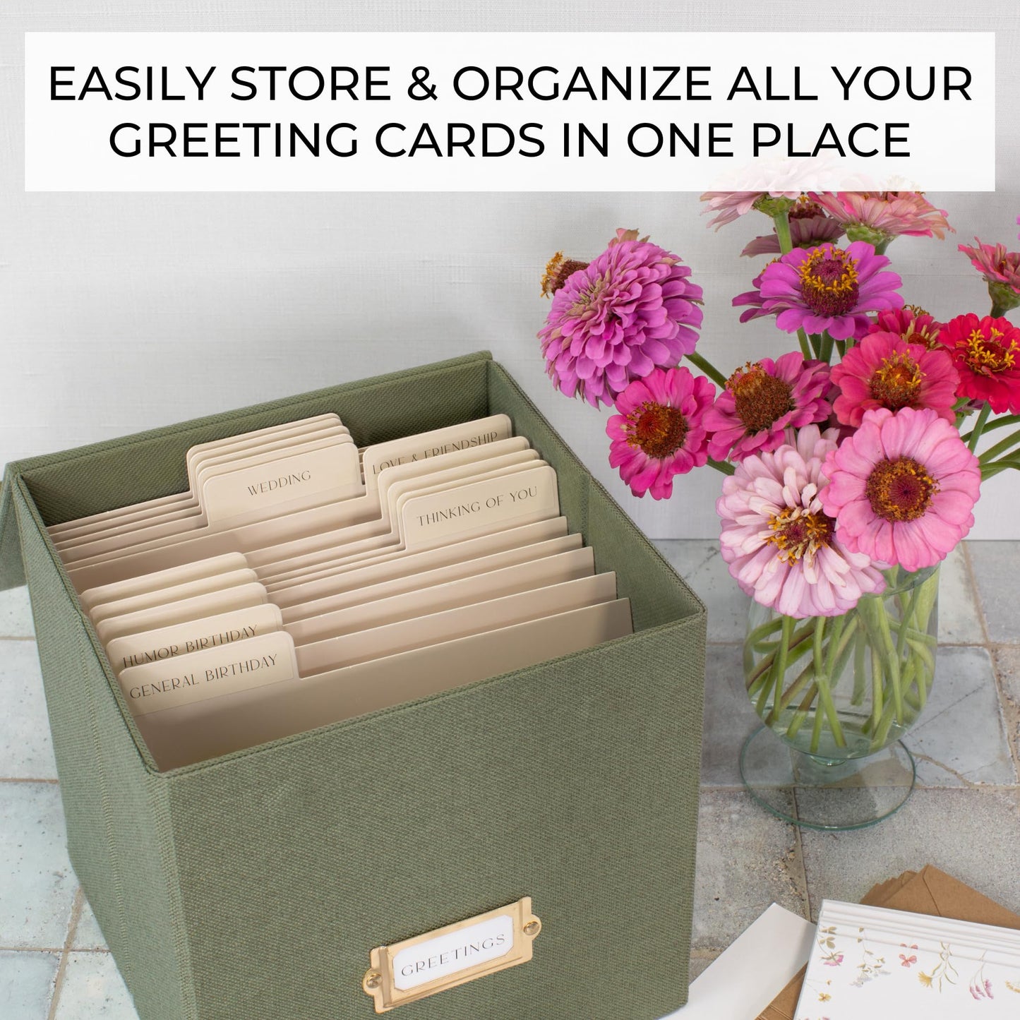 ZICOTO Beautiful Greeting Card Organizer Box With Dividers - Sturdy Linen Storage Box Easily Organizes All Your Greeting Cards in Style - Cute Card Holder Safely Stores Up to 300 Small Or Large Cards