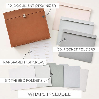 Document Organizer Box with 8 Folders - PU Leather File Organizer